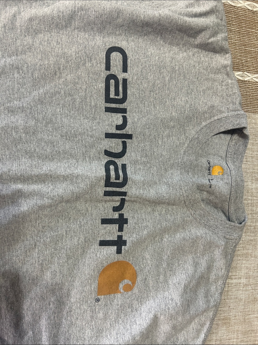 Carhartt Gray Crewneck Tee with Black Script and Gold Logo